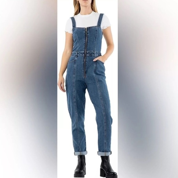 Almost Famous Denim Blue High Rise Straight Leg Zip Up Front Overalls - Picture 1 of 16